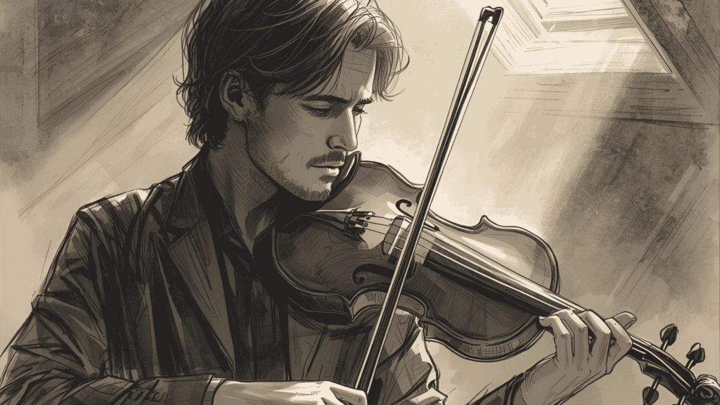 A man intently practicing violin.