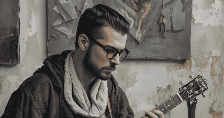 A man practicing guitar intently