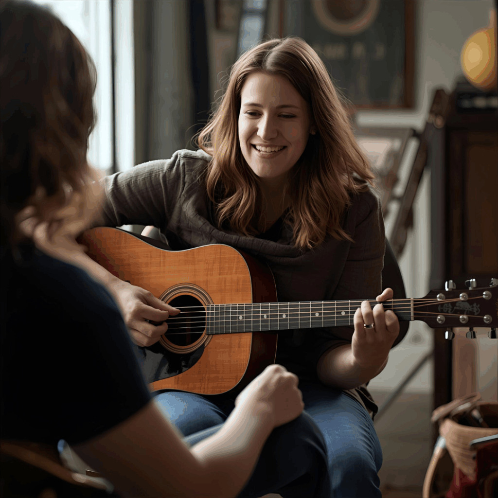 A woman smiling while practicing guitar, as her instructor looks on.