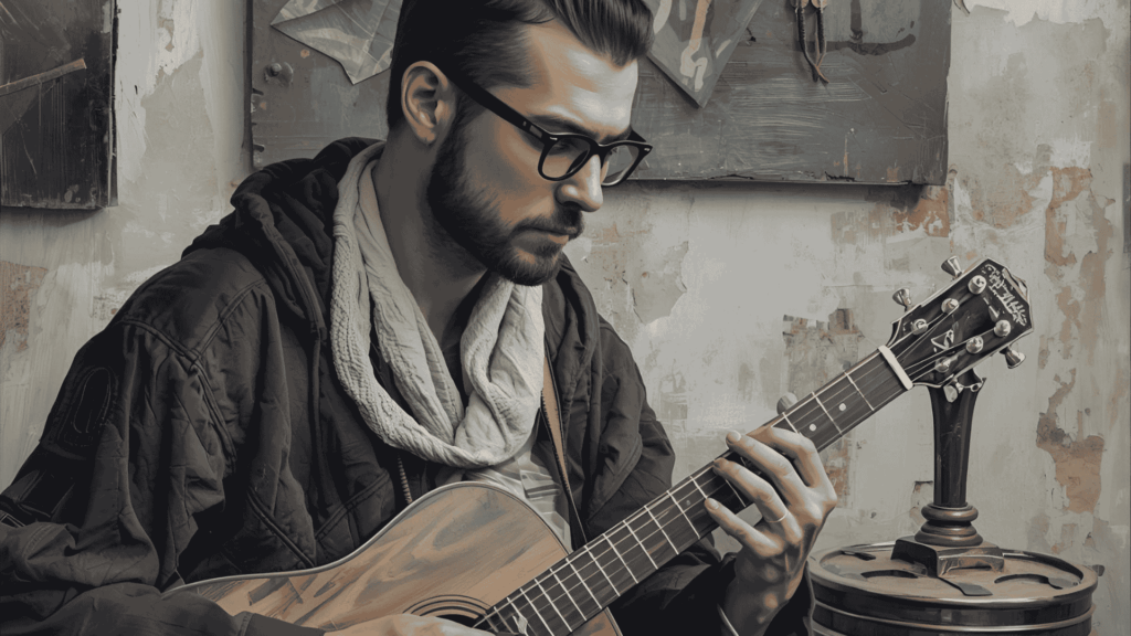 A man practicing guitar intently.